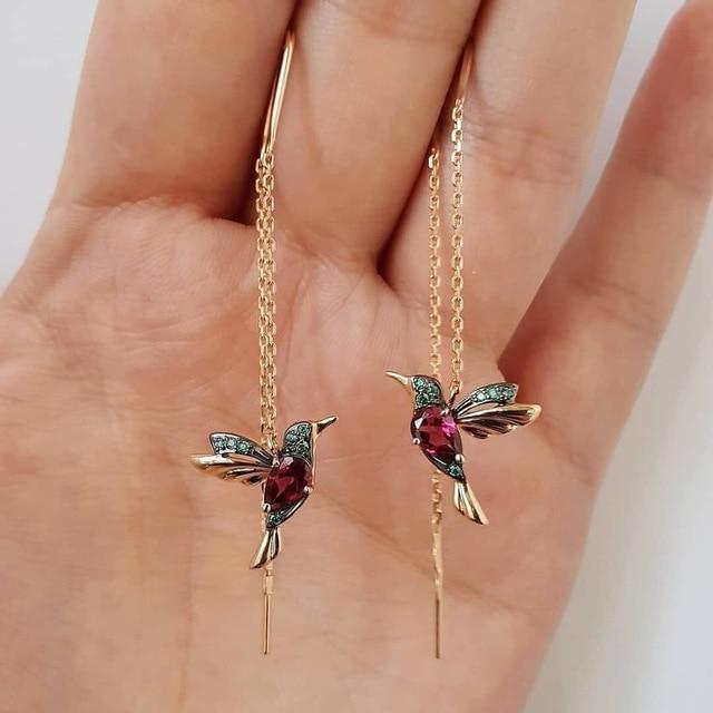 Hummingbird Threader Earrings in Gold with Garnet Crystal