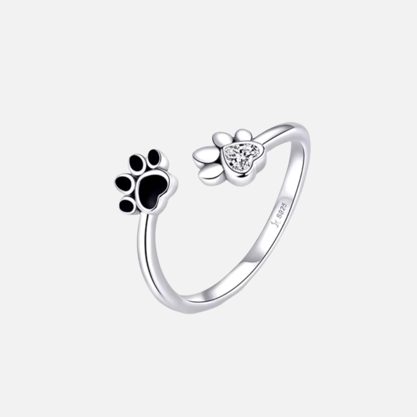 Paw Print Heart Ring in Silver Tone with Crystal and Black Enamel