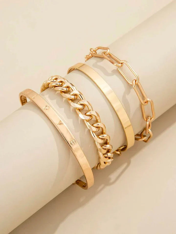 Layered Gold Chain and LOVE Bangle Bracelet Set