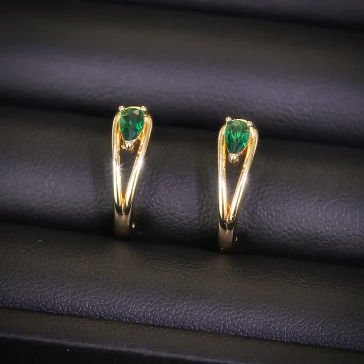 Green Gem Hoop Earrings in Gold Tone