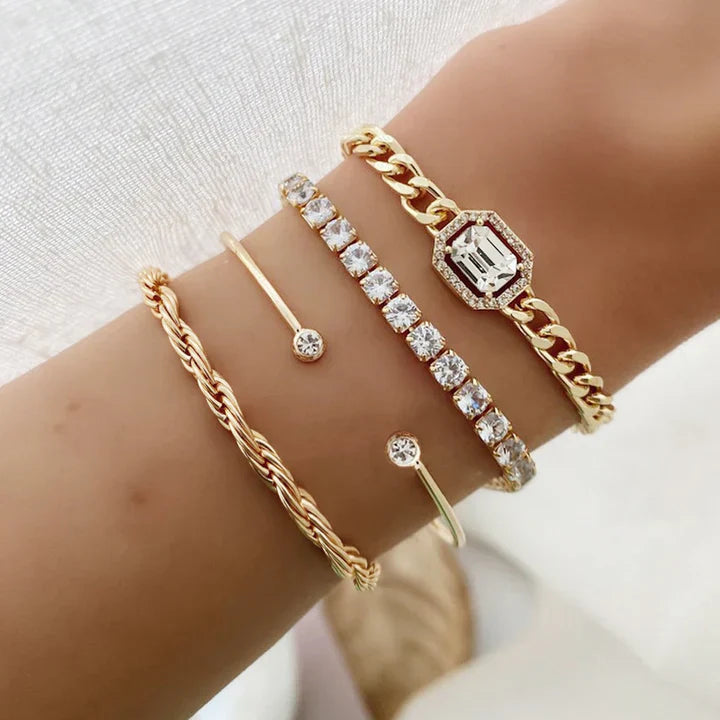 Layered Crystal &amp; Rope Gold Bracelet Set