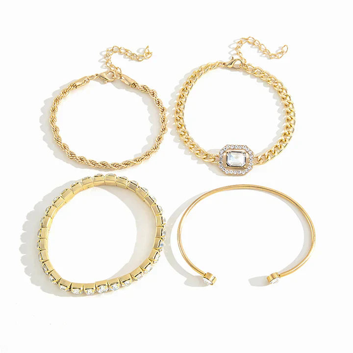 Layered Crystal &amp; Rope Gold Bracelet Set