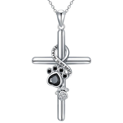 Infinity Cross Pawprint Necklace in Silver with Black and Clear Stones